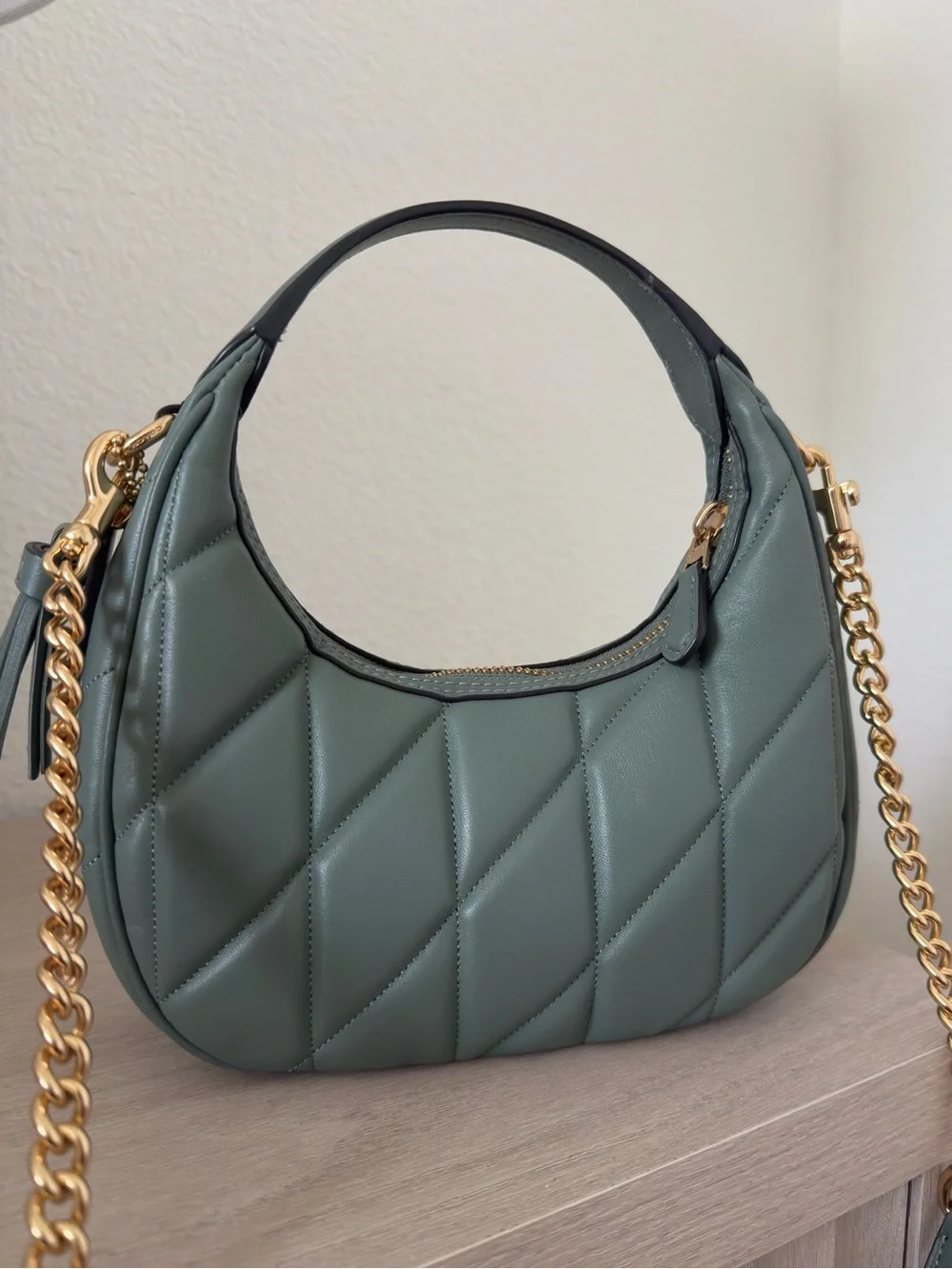 Emily Shoulder Bag/ Coach Quilted Mini Hobo Bag in Sage Green with Gold Hardware